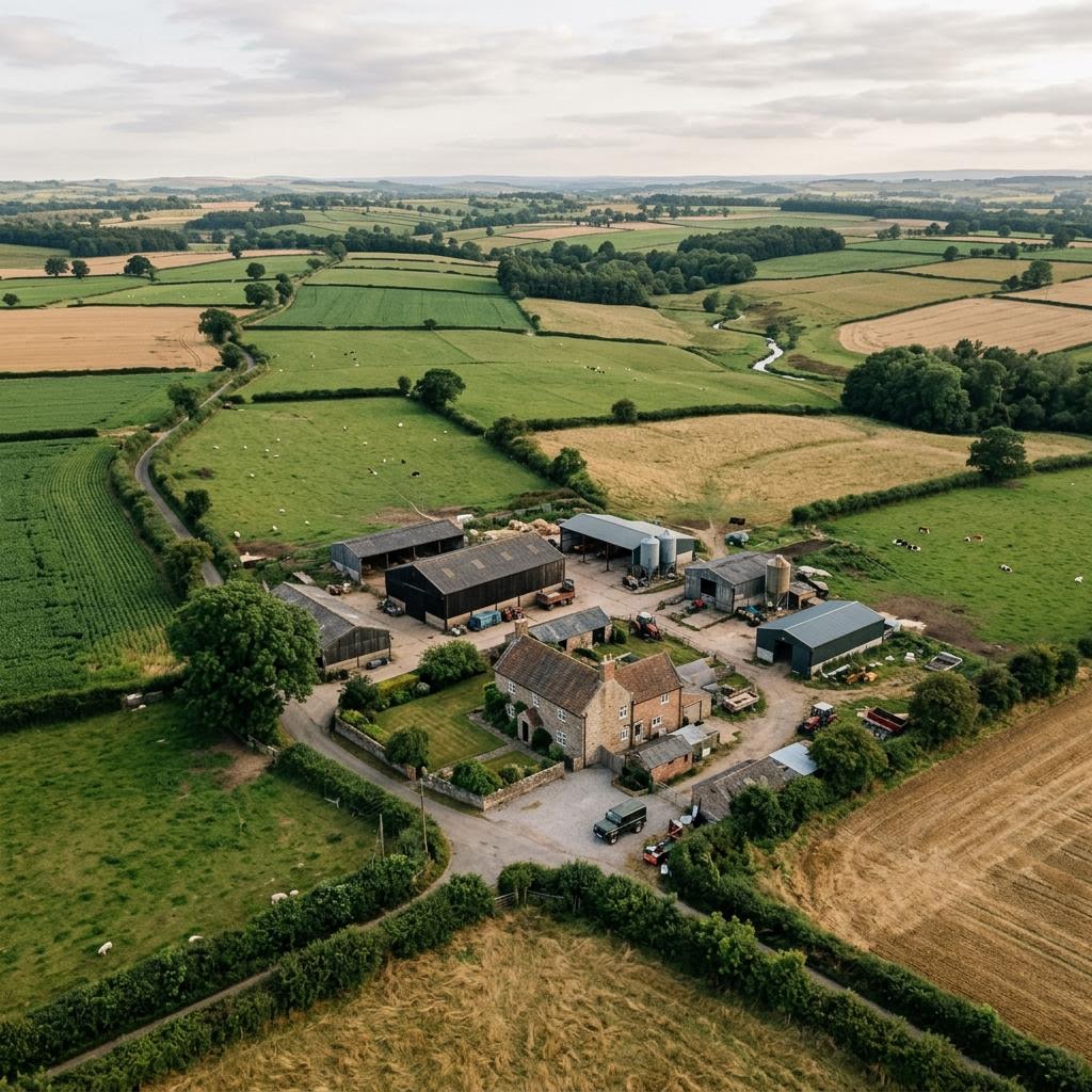 Aerial view of a farm estate with agricultural sheds and a farmhouse among hedged fields