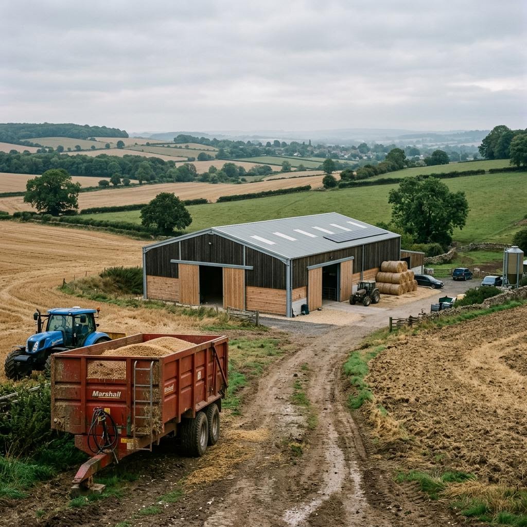 A modern timber-clad agricultural barn on an English farm at first light, with a grain trailer in the foreground